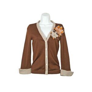 BCBG Max Azria Cardigan Sweater Button Front Brown Silk Cotton Applique Small